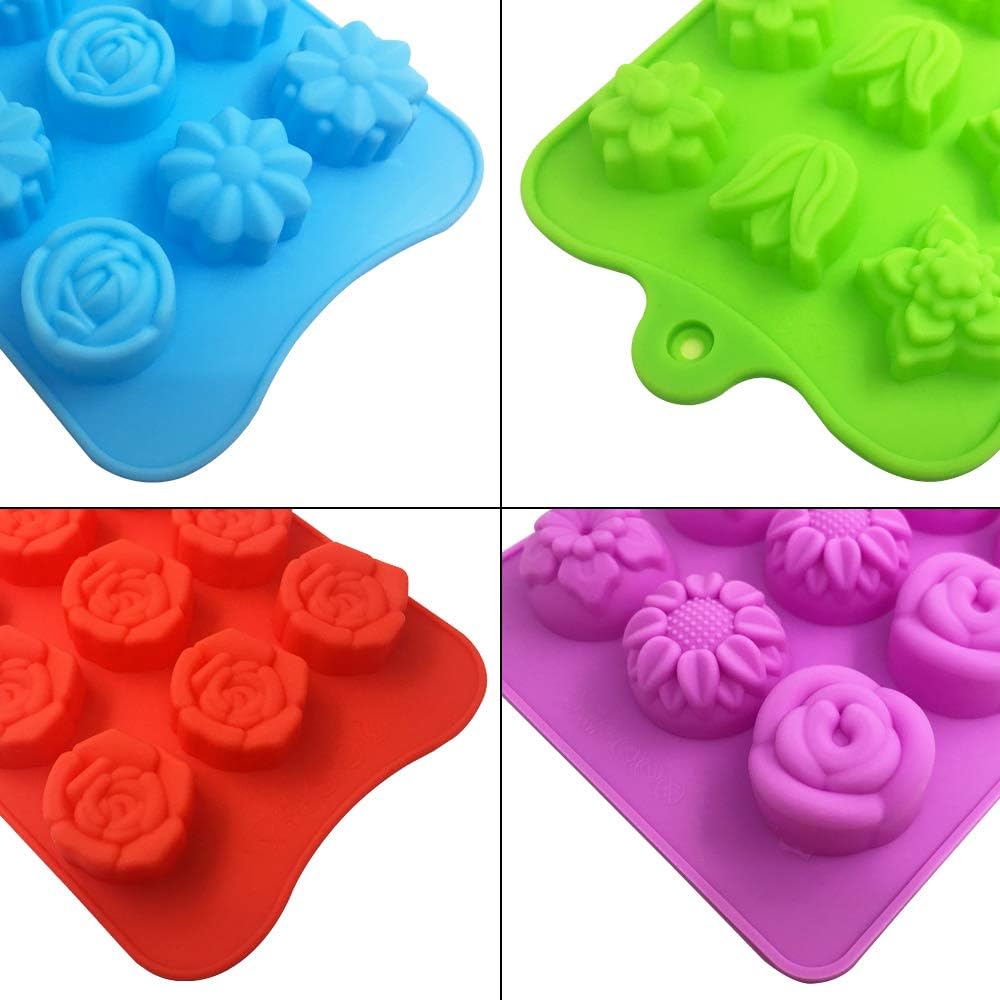 4 PACK Flower Shape Chocolate Candy Molds Set,DanziX Silicone 15 Cavity Baking Mold Ice Cube Tray for Wedding,Festival,Parties and DIY Crafts-Green,Blue,Red and Purple