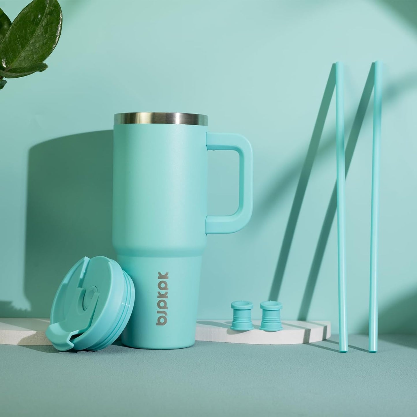 BJPKPK 40 oz Stainless Steel Tumbler With Handle Insulated Tumblers With 2 Straw Travel Coffee Mug With Lid,Turquoise