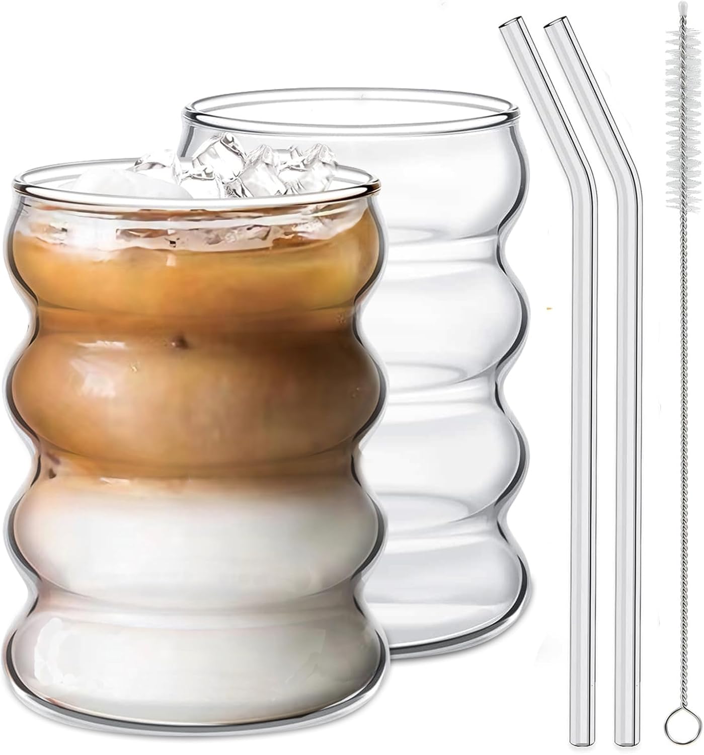 2 Pcs Drinking Glasses with Glass Straw 14oz Glassware Set,Cocktail Glasses,Iced Coffee Glasses,Beer Glasses,Ideal for Water,Soda,Tea,Gift - with Cleaning Brushe