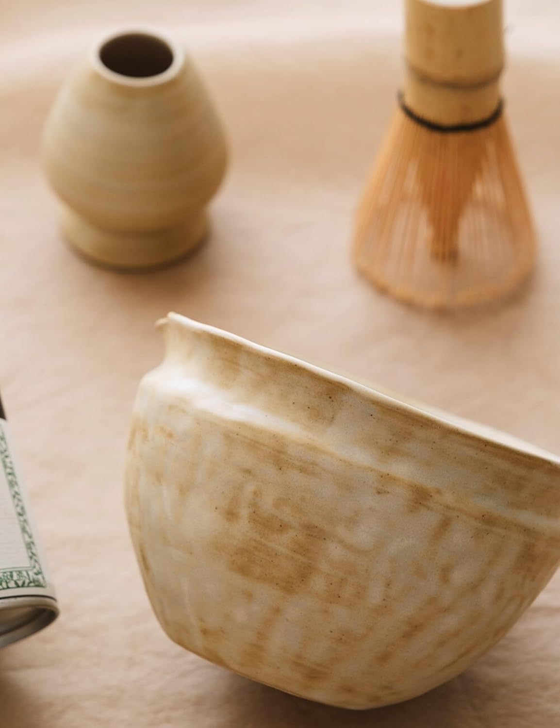 6-pcs Japanese Matcha Whisk Set with Handmade Wabi-Sabi Ceramic Bowl(Chawan),Bamboo Chasen, Whisk Holder, Scoop, Sifter & Tea Towel,Matcha Ceremony Kit,(Cheese-Colored)