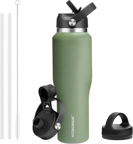 HYDROWION Water Bottle Stainless Steel,Vacuum Insulated Leak Proof Tumbler 32oz with Straw Lid, Spout Lid and Flex Cap(Cold for 48 Hrs, Hot for 24 Hrs), Fit in Any Car Cup Holder, Moss