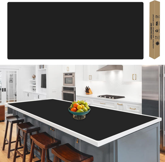 120''x24''(305cmx60cm) Extra Large Silicone Mat for Kitchen Counter, Heat Resistant Countertop Protector, Non-Slip Waterproof Kitchen Island Mat, Easy to Clean, Black