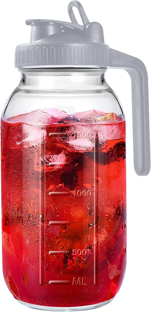 Mason Jar Pitcher, 64 OZ Glass Pitcher with Lid Double Leak-proof with Handle Water Jug Wide Mouth Breast Milk Pitcher Fridge Container for Water, Juice, Iced Coffee, Tea, Juice - Gray