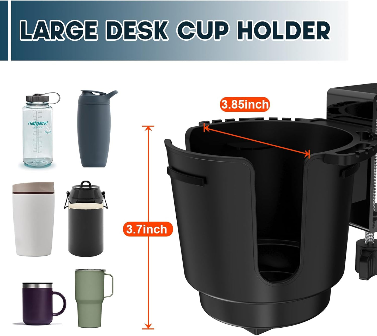 Deeper Desk Cup Holder with Large Metal Clamp, 3.8" Diameter Cup Holder, Anti-Spill Cup Holder Compatible with YETI Bottles & Pen Holder. (Large)