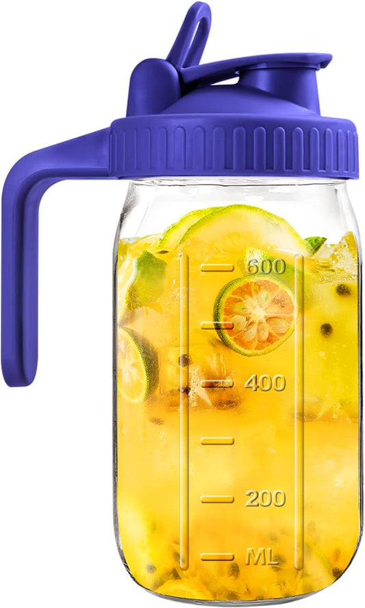 Mason Jar Pitcher, 32 OZ Glass Pitcher with Lid Double Leak-proof with Handle Water Jug Wide Mouth Breast Milk Pitcher Fridge Container for Water, Juice, Iced Coffee, Tea, Juice - Blue