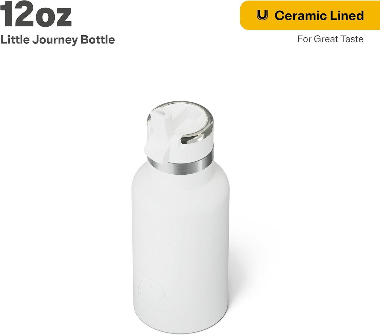 RTIC Little Journey Bottle with Straw, Insulated, Stainless Steel, Metal, Double Wall Vacuum-Insulation, Ceramic-Lined, Leak-Proof Lid, BPA-Free Water Flask for Sports, Travel, White