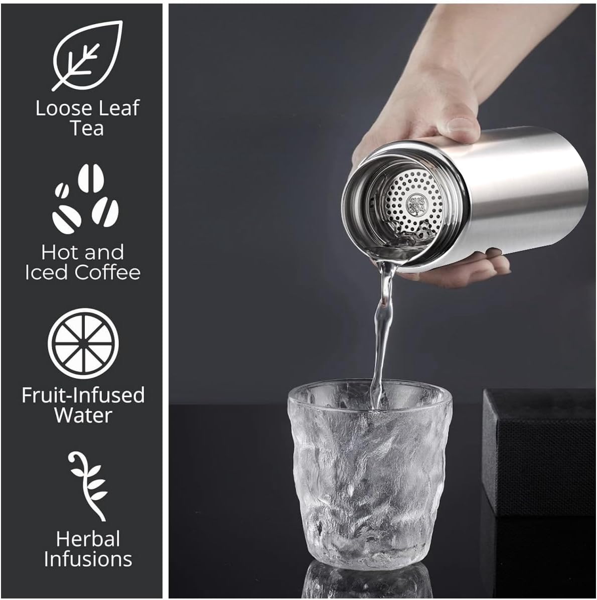 Insulated Water Bottles- Vacuum Tumbler for Coffee, Tea and Drinks with Stainless Steel Infuser - 15 oz Tea Thermo Travel Bottle/Keeps Drinks Hot or Cold for Hours/Gift Packing (Silver)