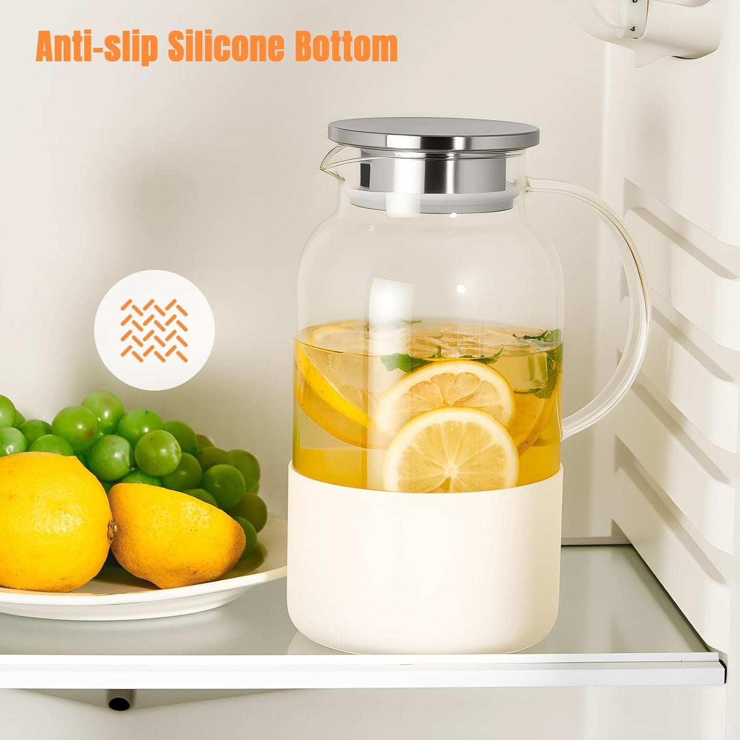 PARACITY Water Jug Water Pitcher with Silicone Base 61oz/ 1.8L, Hot& Cold Glass Pitcher with Lid and Handle, Glass Carafe with Lid for Coffee, Juice, Lemonade and Milk (Off-white base)