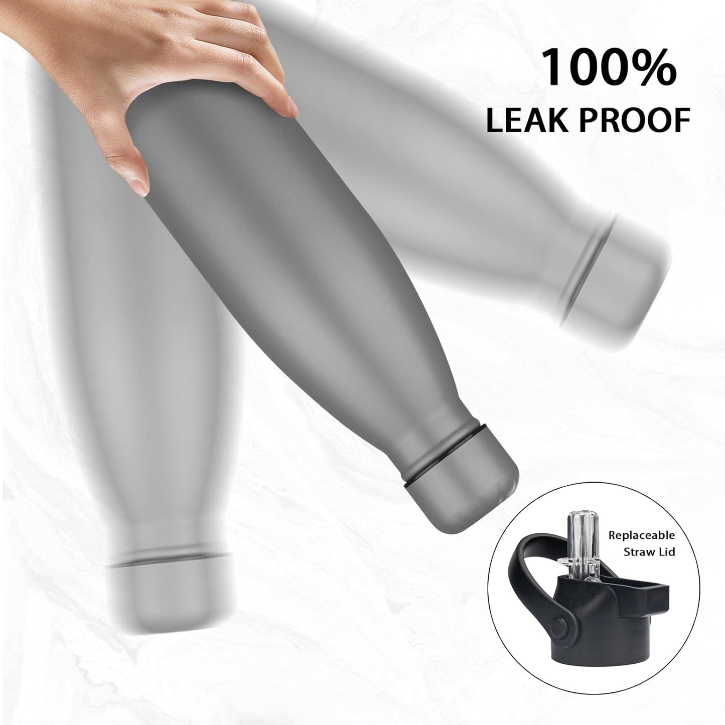 Insulated Water Bottle,17oz Stainless Steel Water Bottles with straw lid,Metal Sports Thermos Water Bottles for Boys,Girls,Double Wall Vacuum BPA-Free Flask for School, Sports (Grey)