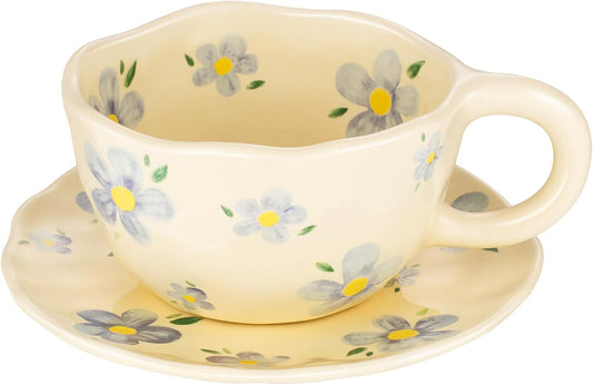 Cappuccino Cups with Saucers 8 oz Latte Art Cup Ceramics Coffee Mugs Irregular Aesthetic Flower Cups for Espresso, Double Shot, Americano, Latte, Tea - Microwave and Dishwasher Safe (Blue Flowers)