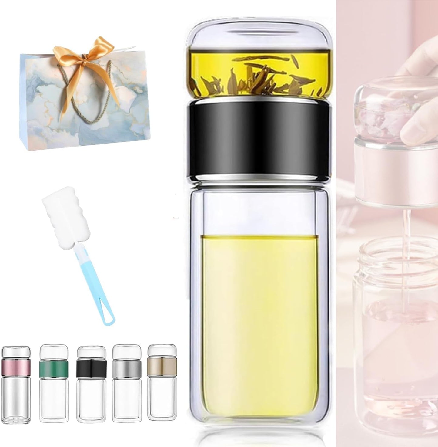 Tryteava Glass Infuser, Tryteava 3-in-1 Smart Tea Infuser, Portable Glass Double Wall Tea Infusers Bottle, with Stainless Steel Filter, Hot & Cold Brew, For Loose Leaf, Office Home (Black, 350ml)