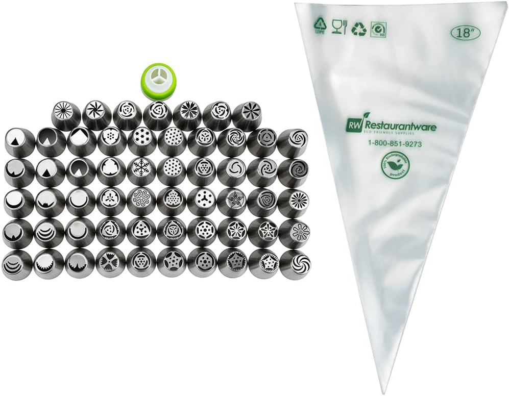 Restaurantware Pastry Tek Russian Piping Tips Set 68 Piece Durable Cake Decorating Kit - 57 Piping Tips 10 Piping Bags Stainless Steel Piping Bags And Tips Set 1 Tri-Color Coupler