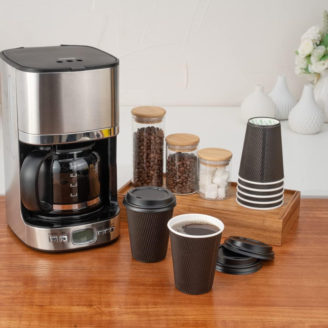 Restaurantware 8 Ounce Double Wall Disposable Coffee Cups, 500 Insulated Black Paper Tumblers with Ripple Wall Design, Lids Sold Separately for Hot Drinks like Tea, Hot Chocolate, and More