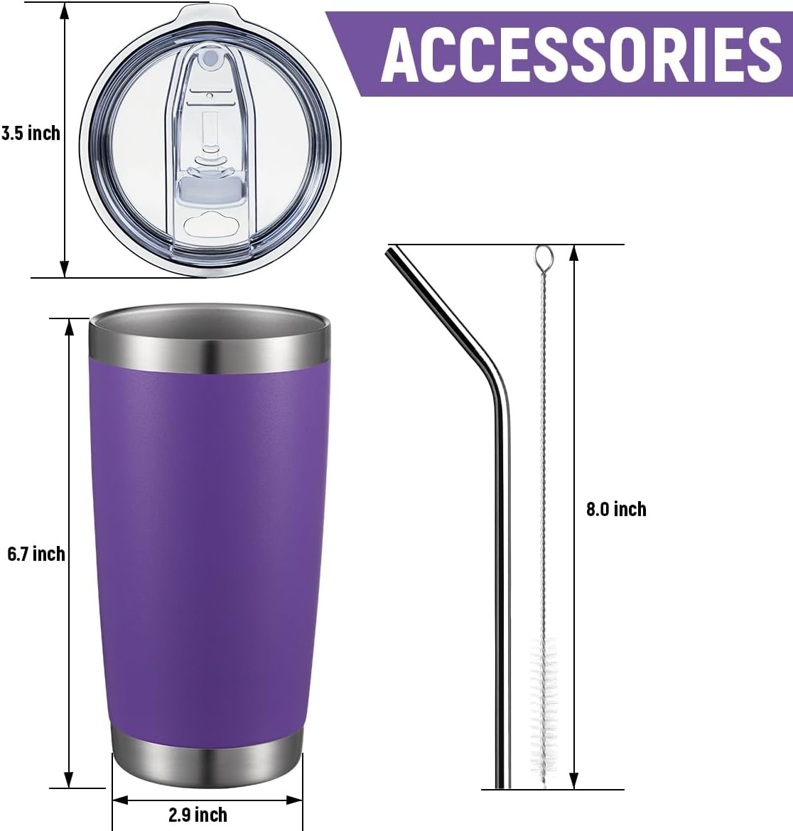 COMOOO 20oz 8 Pack Tumbler Double Wall Vacuum Insulated Coffee Travel Mug Stainless Steel Tumbler Bulk with Lid and Straw Durable Powder Coated Insulated Coffee Cup for Cold & Hot Drinks Purple 8 Pack