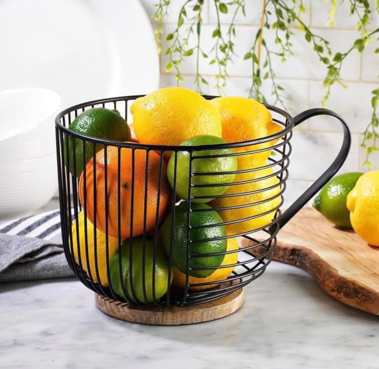 Coffee Pod Holder - Large Capacity Black Wire K Cup Storage with Wooden Base - Modern Coffee Basket Decor for Kitchen Countertop for Keurig Kcups & Espresso Capsules