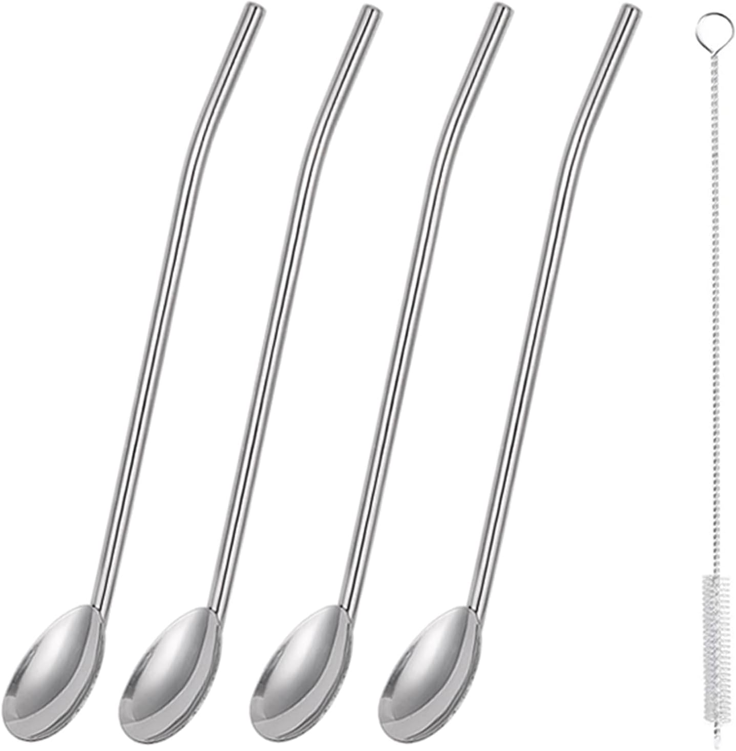 4Pcs Stainless Steel Straws Spoons, 2 in 1 Reusable Snow Cone Drinking Stainless Steel Ice Tea Metall Long Spoons Straws with 1 Cleaning Brushes for Cocktail Milkshake(4)