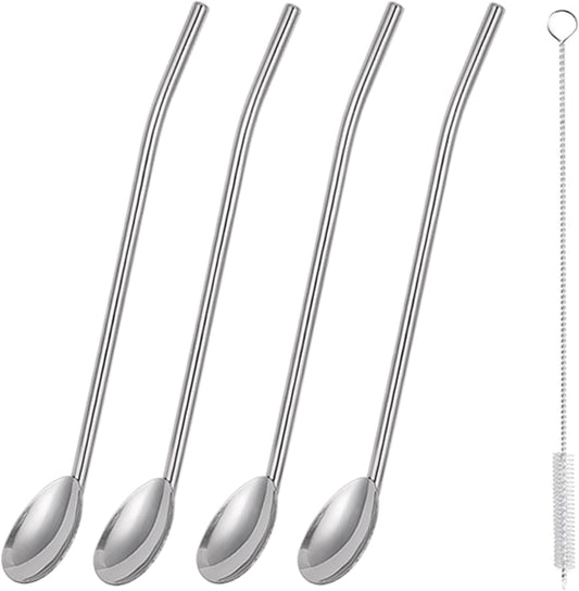 4Pcs Stainless Steel Straws Spoons, 2 in 1 Reusable Snow Cone Drinking Stainless Steel Ice Tea Metall Long Spoons Straws with 1 Cleaning Brushes for Cocktail Milkshake(4)