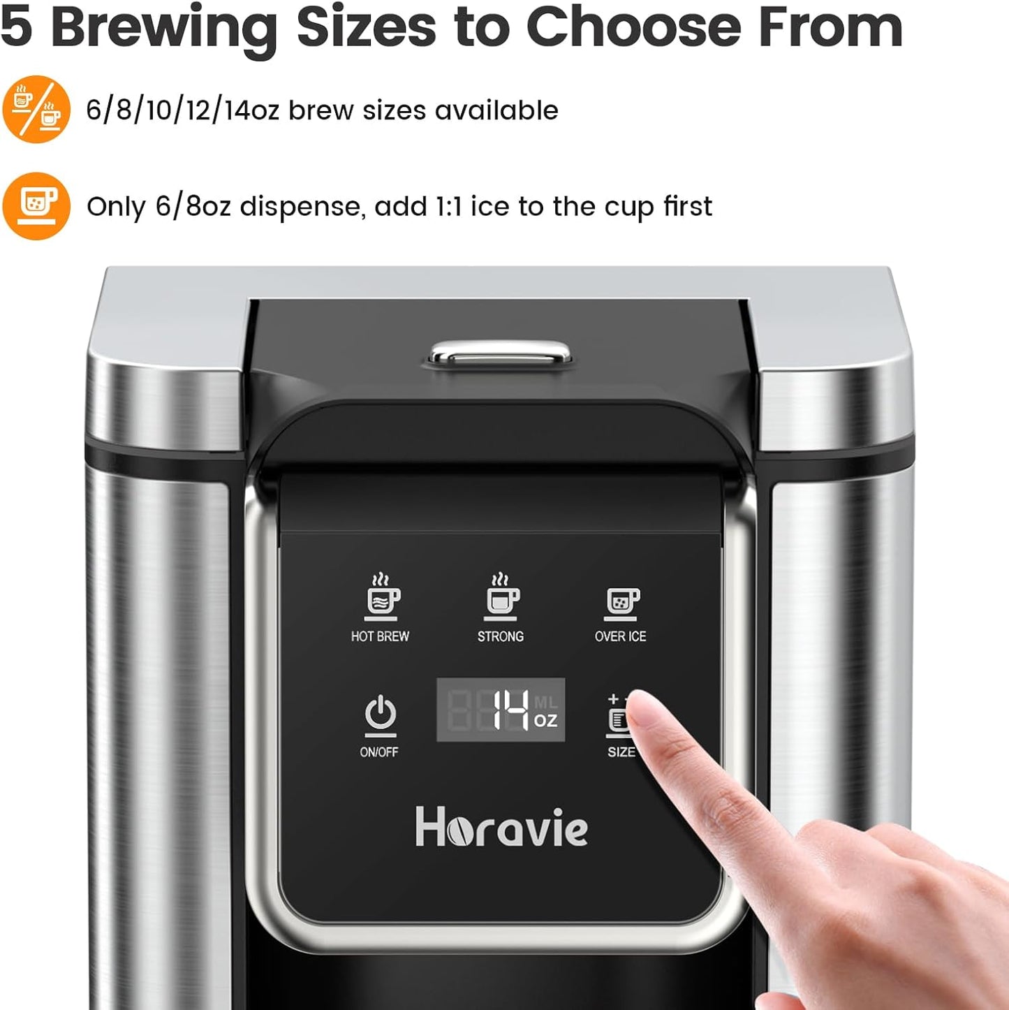 Single Serve Coffee Maker for K-Cup Pod and Grounds, Hot and Iced Coffee Maker with 5 Brew Sizes, 50oz Removable Reservoir, Fast Brewing One Cup Coffee Machine, Stainless Steel, Black