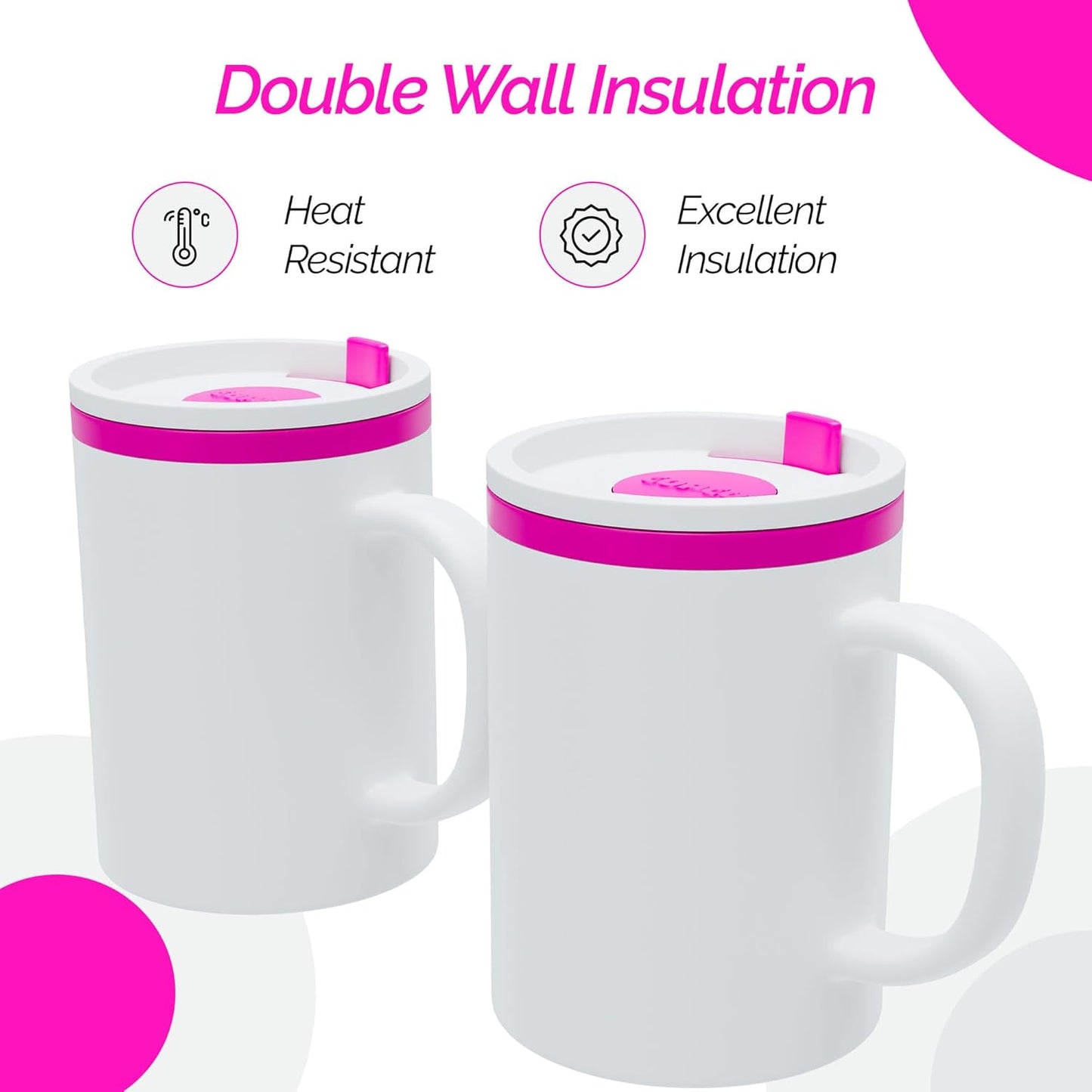 Copco Iconic 16oz Double Wall Insulated Desk Mug with Lid and Handle, Set of 2, BPA-Free Reusable Plastic, Spill-Proof, Microwave & Dishwasher Safe, Wide Mouth, Cup Holder Friendly (Pink)
