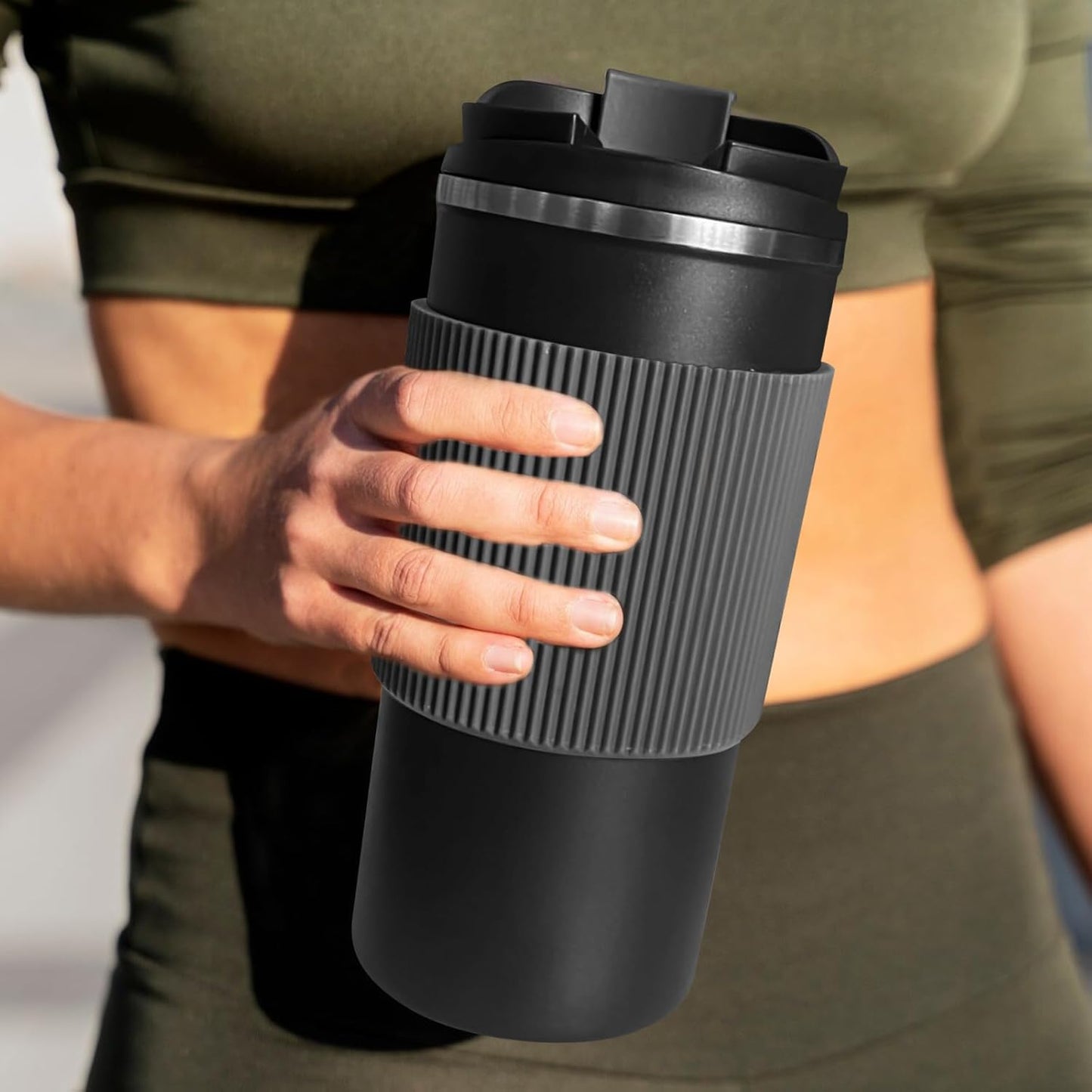 YINBAOGE Upgraded Insulated Travel Coffee Mug, Spill Proof & Leak Proof, Portable Camping Stainless Steel Tumbler, Reusable Coffee Cup with Lid, Thermos for Hot & Cold Drinks (4th-Black, 15OZ)