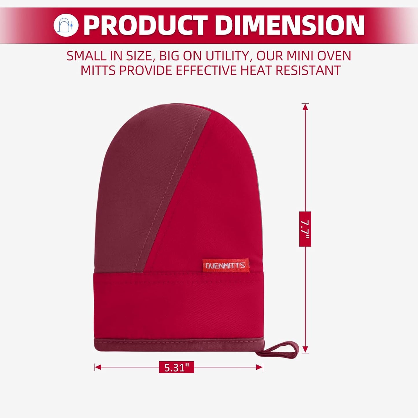 Mini Oven Mitts, Kitchen Oven Gloves Kitchen Mittens 500 Degrees Heat Resistant Baking Gloves, Non-Slip Silicone Surface with Hanging Loops Hot Gloves for Cooking, Baking, BBQ 1 Pair-Red