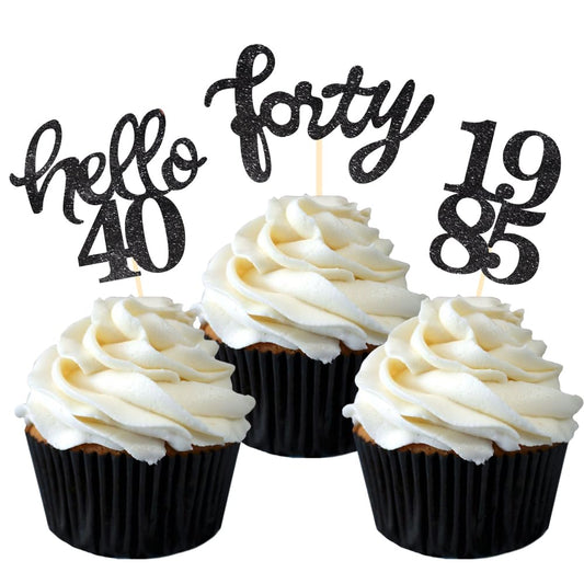 Black Glitter 40th Birthday Cupcake Toppers 40th Birthday Celebrating Party Decorations - Set of 24