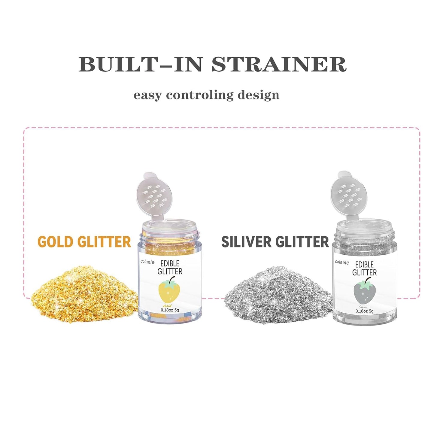 Gold Silver Edible Glitter Glimmer Powder for Cakes Drinks - Colaele 5 grams Food Grade Luster Dust Metallic Food Decorating Sprinkle Disco Brew Dust for Cake Decorations Wine Beverage Dessert, Vegan