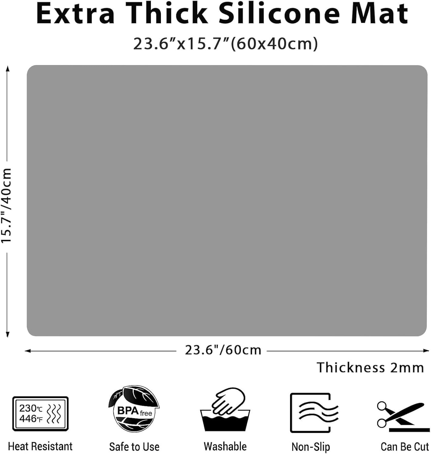2MM Extra Thick Silicone Mats for Kitchen Counter, 23.6" x15.7" Non-Slip Waterproof Large Countertop Protector Mat, Heat Resistant Mat, Washable Silicone Craft Mat, Placemat, Baking Mat, Light Gray