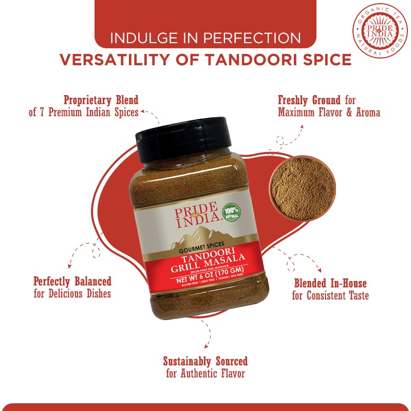 Pride of India – Tandoori Grill Masala – Blend of Exotic & Gourmet Spices – Ideal for Vegetable, Meat & Chicken Cooking – GMO Free – Easy to Use - 7 oz. Medium Dual Sifter Bottle