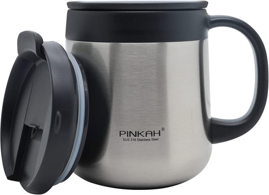 16OZ Stainless Steel Insulated Coffee Mug with Handle and Lid, Double Wall Vacuum Coffee Tumbler Thermal Cup with 2 Lids