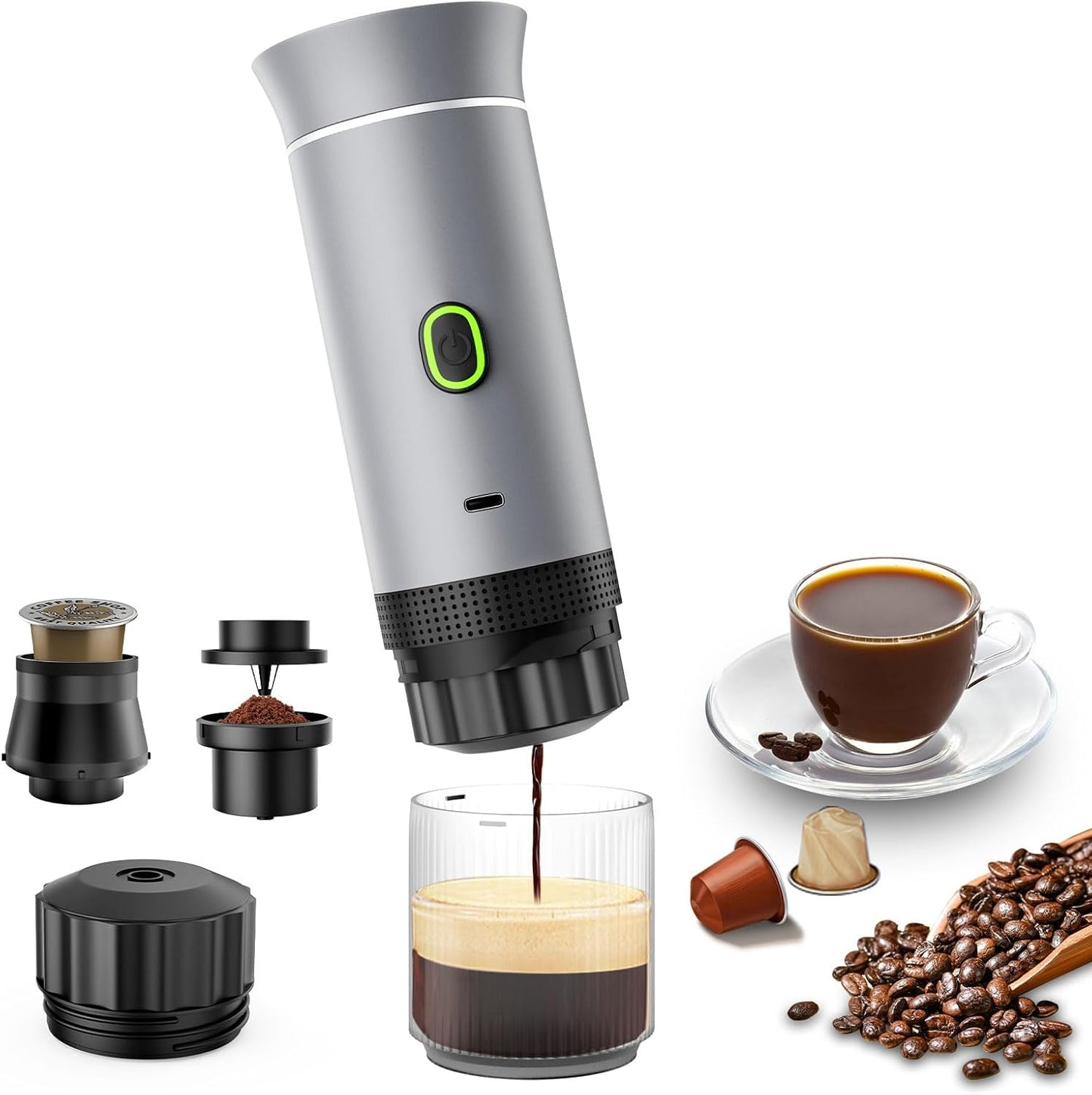 3-in-1 Portable Espresso Maker, Travel Coffee Maker, Self-Heating Car Coffee Maker with USB-C, Small Espresso Machine with Ground Coffee & Capsules (NS＆DG) for RV, Hiking, Office (silver)