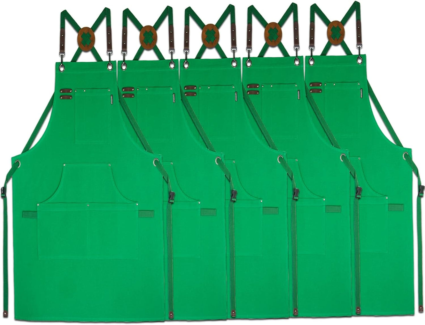 5 Pack Kitchen Apron, Work Apron, Canvas, Multiple Pockets, Gardening, Painting, BBQ, Artist, Carpenter, Sizes M to XXL, Green