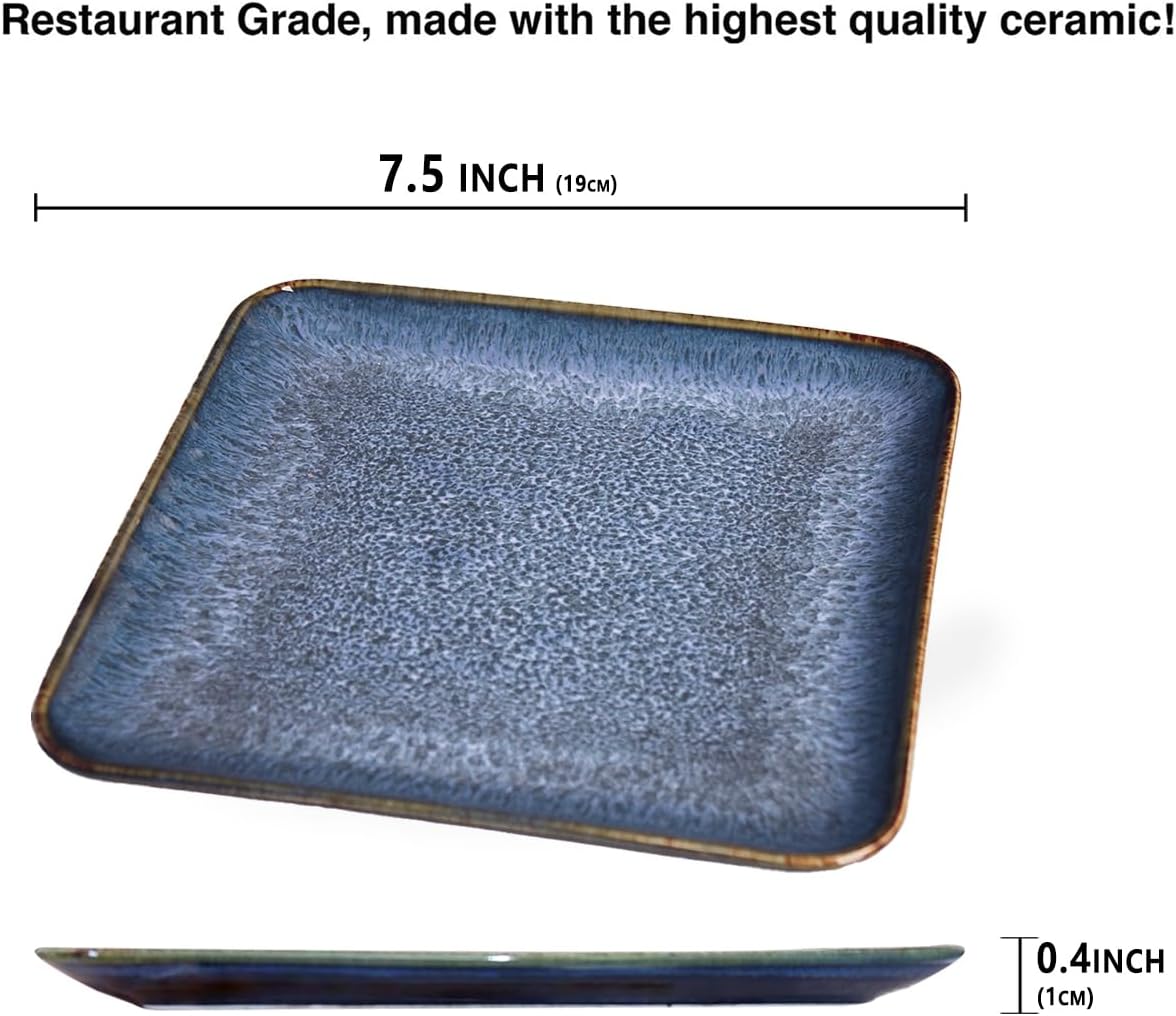 Porcelain Dinner Plates set dessert salad dish Set of 4, Main Dish for Steak, Bread, Pasta, Salad, Microwave Oven and Dishwasher Safe, Scratch Resistant Reusable 7.5 INCH Square