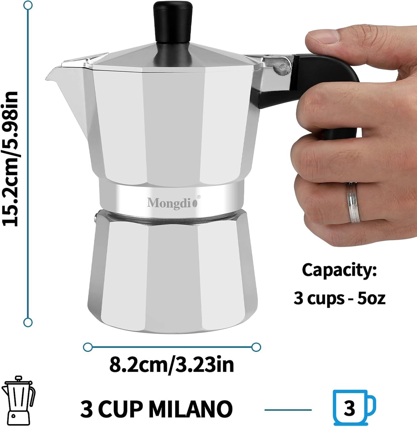 Mongdio Stovetop Espresso Maker Moka Pot, Stove Top Cuban Coffee Maker, Italian Greca Mocha Pot, 3 Espresso Cups, 5 oz - Silver