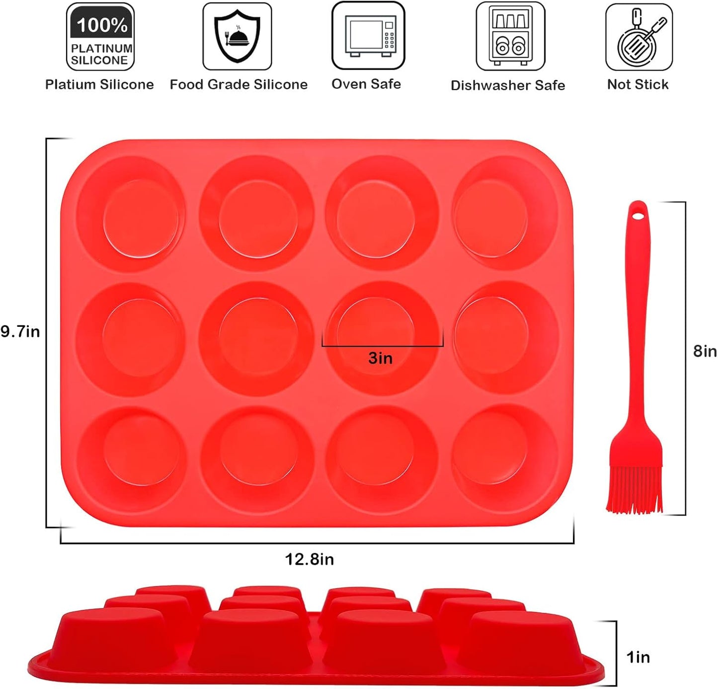 Silicone Muffin Pan Set,2 Pcs 2.8" 12 Cups Egg Bite Mold,Non-Stick,Easy Release,For Egg Muffins, Cupcakes, Large Muffins,Pizza Muffins,Cheesecakes(Black + Red)