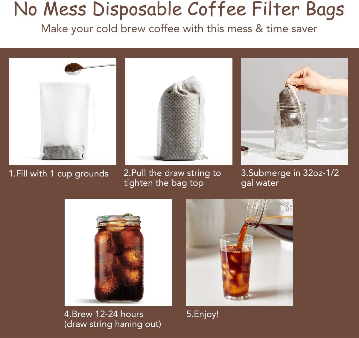 No Mess Cold Brew Coffee Filters - 120 Count Disposable Fine Mesh Brewing Bags for Concentrate/Iced Coffee Maker, French/Cold Press Kit, Hot Tea in Mason Jar or Pitcher, 4 x 6 Inches