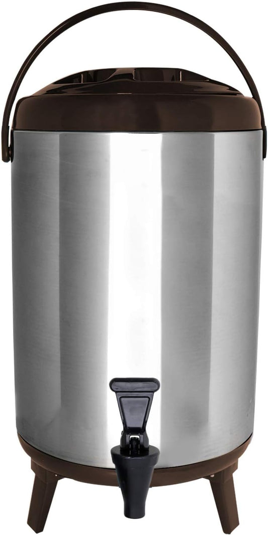 Stainless Steel Insulated Beverage Dispenser – Insulated Thermal Hot and Cold Coffee Carafe – 10 Liter Drink Dispenser with Spigot for Hot Water, Tea & Coffee, Cold Milk, Juice & More BROWN