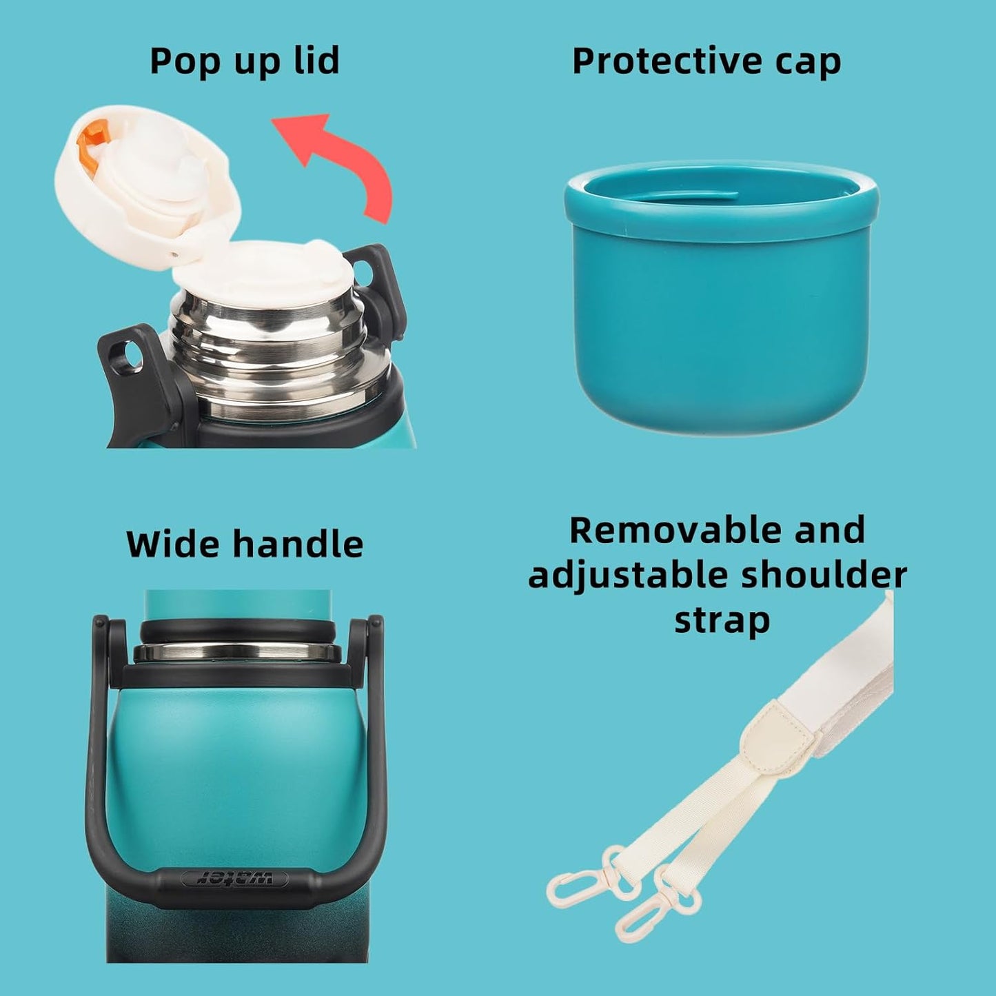 BJPKPK Insulated Thermos Water Bottle with Handle and Lid 50oz BPA Free Stainless Steel Water Bottles For Cold and Hot Beverages,TealBlack