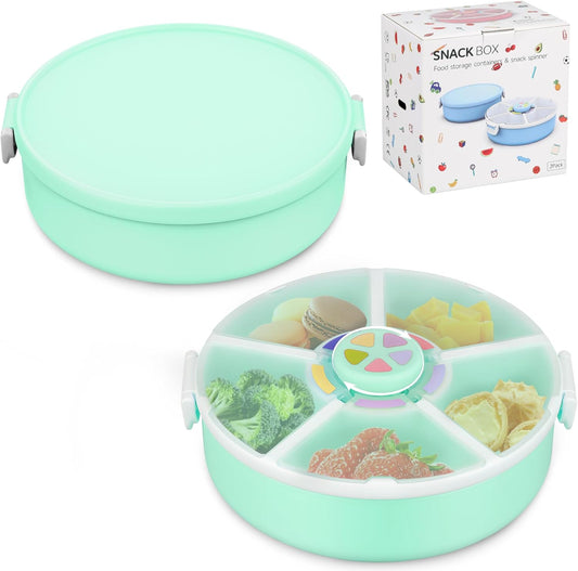 Kids' Rotating Snack Container Set – 2-Pack, Includes 1 Rotating Snack Container & 1 Round Sectioned Snack Box, BPA-Free, Dishwasher Safe, Perfect for Travel-Green