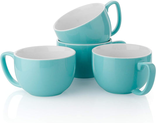 Teocera Turquoise Coffee Mugs Set of 4, 16 oz Ceramic Coffee Mug, Large Mug Set with Handle for Cold or Hot Drinks like Cocoa, Milk, Latte, Fruit Cereal, Long-lasting Porcelain with Modern Design