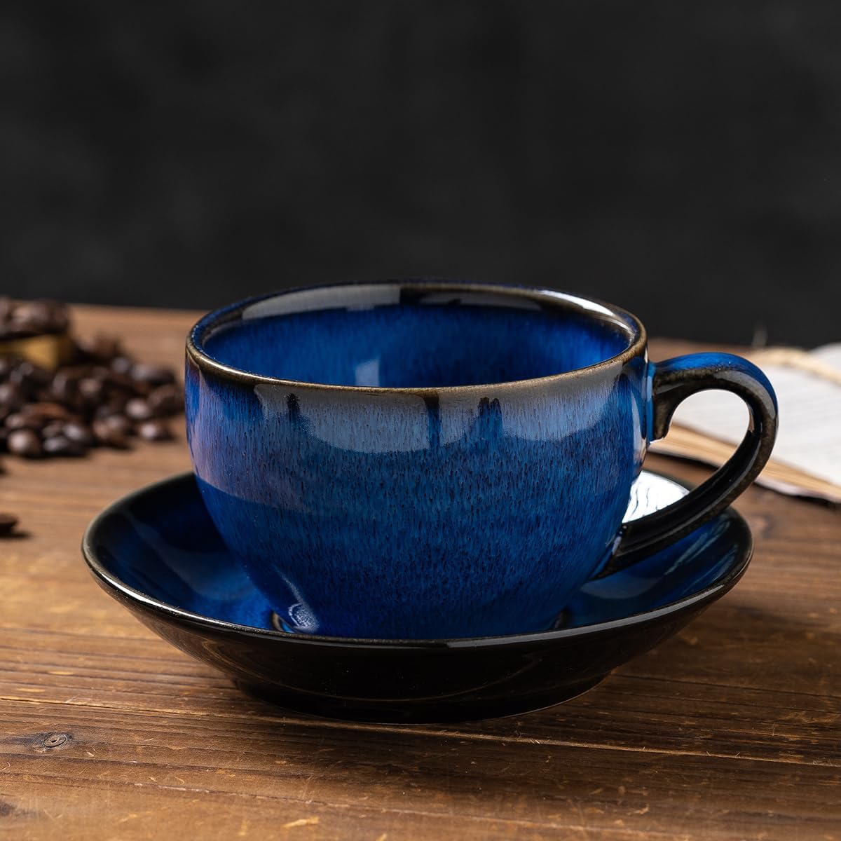 Porcelain Coffee Cup with Saucer Spoon, Vintage Design Ceramic Latte Art Cappuccino Barista Espresso Tea Cup with Saucer (11.6 oz, 350ml, Starry Blue)