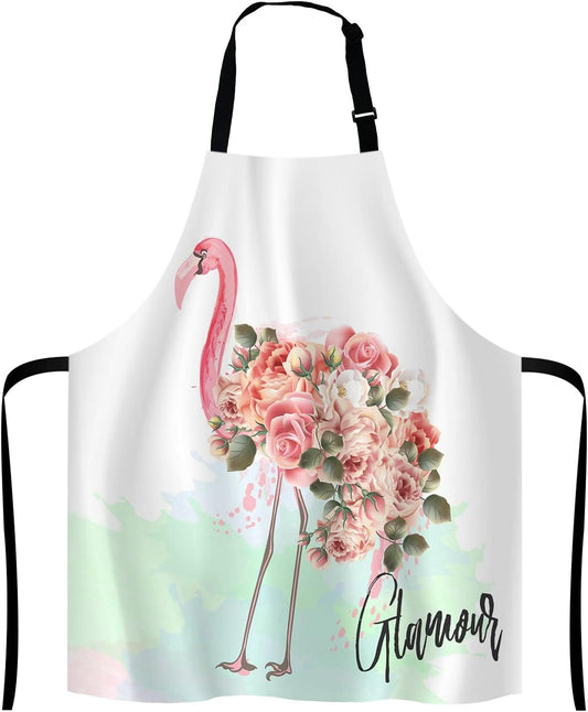 Pink Flamingo and Roses Bib Apron with Adjustable Neck for Men Women,Suitable for Home Kitchen Cooking Waitress Chef Grill Bistro Baking Apron