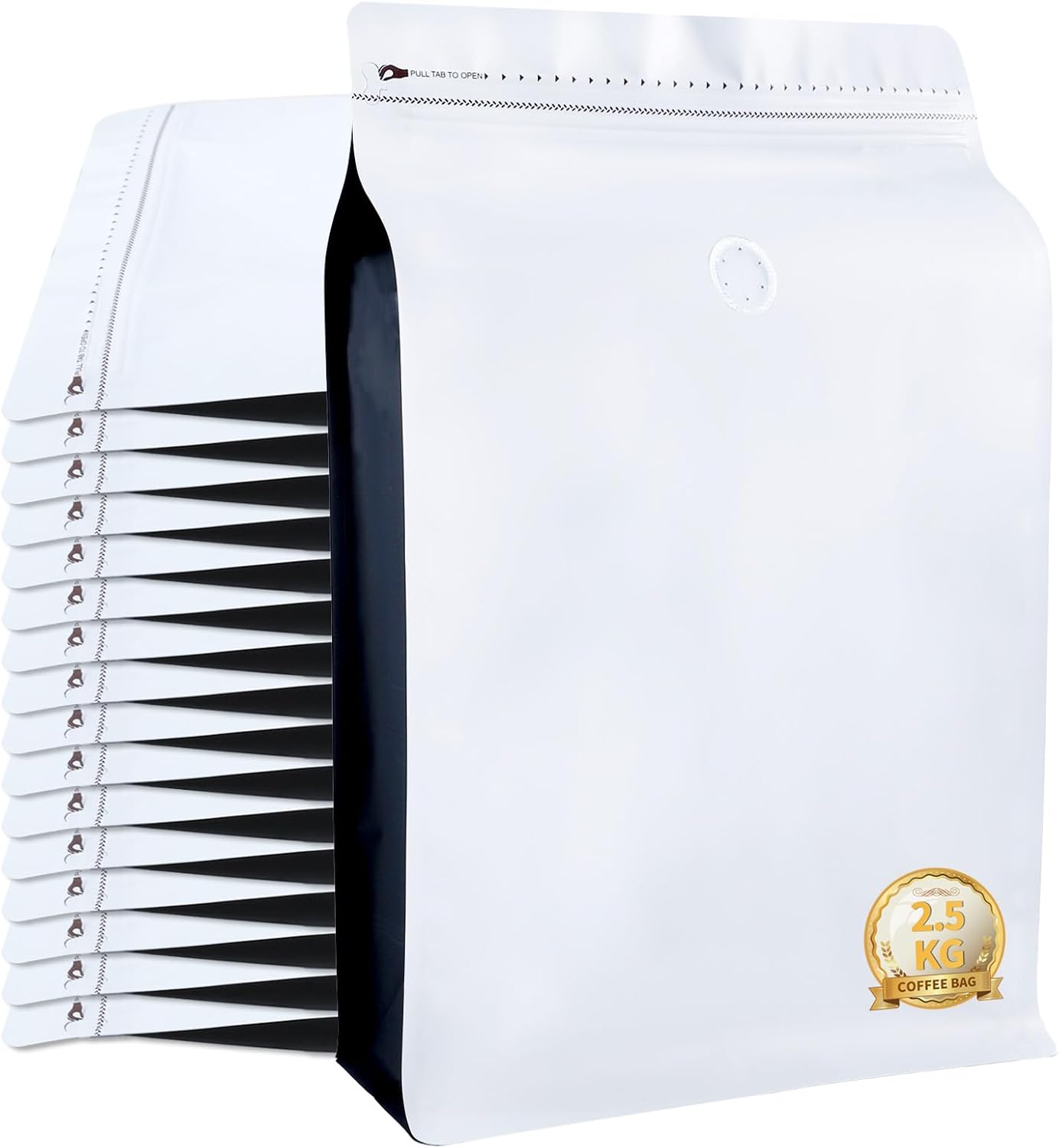 New 2.5 KG Large Capacity Coffee Bags with Valve (50 PCS) White Sides Black High Barrier Aluminum Foil Flat Bottom Standing Coffee Beans Storage Packaging Bags, Reusable Heat Seal Side Zipper Pouches
