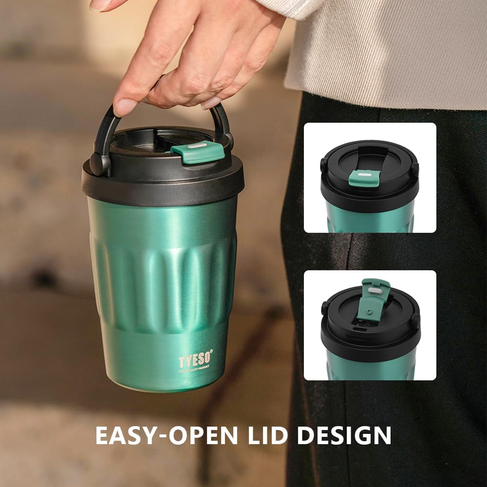 TYESO Stainless Steel Portable Tumbler with Flip Lid,Travel Mug with Concealed Carry Handle, Leakproof Insulated Coffee Cup (GREEN, 17 OZ)