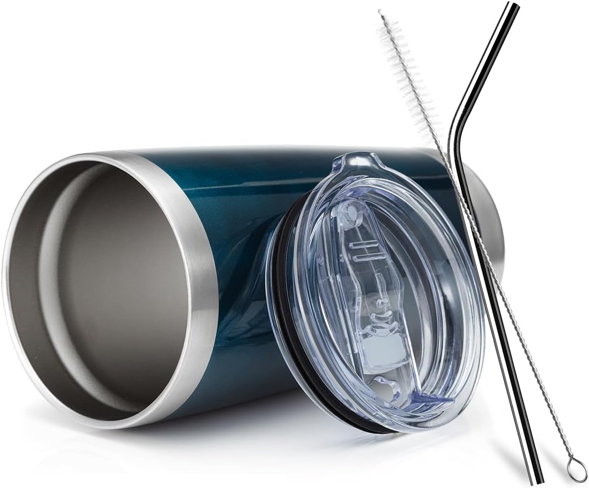 COMOOO 20oz Double Wall Vacuum Insulated Travel Mug, Stainless Steel Tumbler with Lid and Straw Durable Powder Coated Insulated Coffee Cup for Cold & Hot Drinks (Peacock blue, 1)