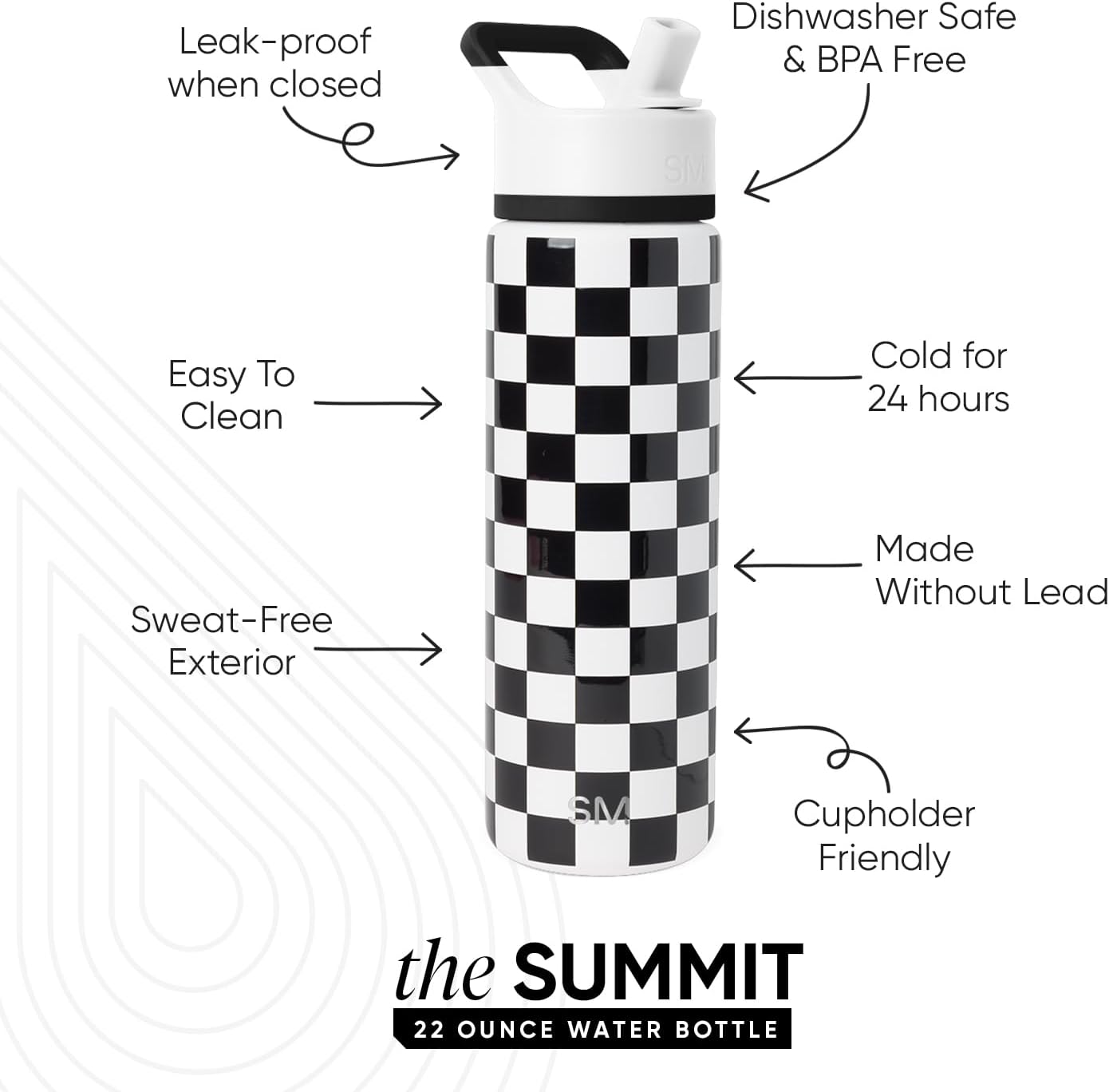 Simple Modern Water Bottle with Straw Lid | Vacuum Insulated Stainless Steel Metal | Reusable Leak Proof BPA-Free Cup for School | Summit Collection | 22oz, Black and White Checkmate