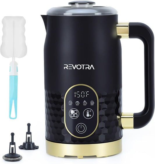 Milk Frother, 4-in-1 Electric Foam Maker with Touchscreen & Temp Display, Hot & Cold Milk Steamer with Non-Stick Coating, Silent Operation for Coffee, Latte, Cappuccino, Matcha, Hot Chocolate