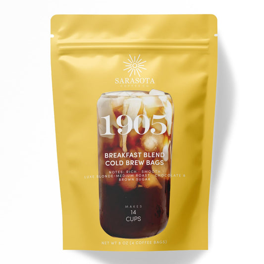 Sarasota Coffee 1905 Cold Brew Coffee Bags | Breakfast Blend Blonde-Medium Roast | 100% Arabica | Smooth & Low Acid | Ground Pouches | Cold Brew Kit Makes 14 Cups | Rich & Smooth Flavor