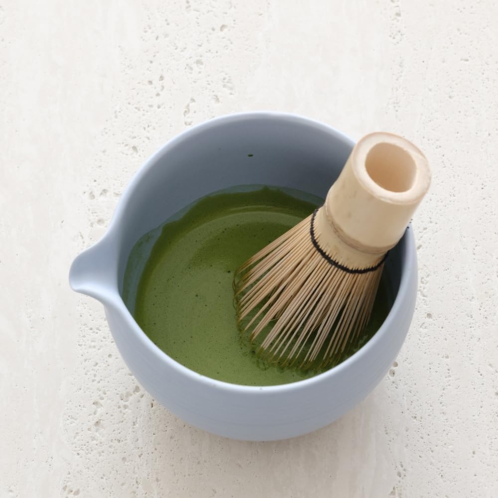 Matcha Whisk Set, Ceramic Matcha Bowl & Whisk Holder, Bamboo Accessory, Modern Design (Soft Haze Blue, Pouring Spout)