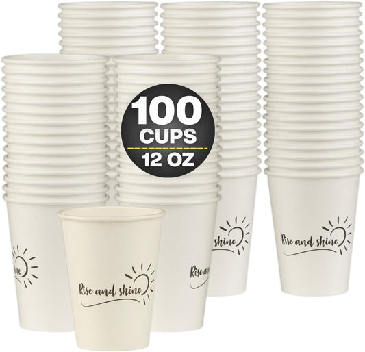 Smygoods Disposable Coffee Cups, To Go Paper Hot Cups, Rise and Shine Design (12 OZ, 100 Count) For Hot Beverages, Coffee, Tea, Espresso, Cocoa - Vasos Para Cafe